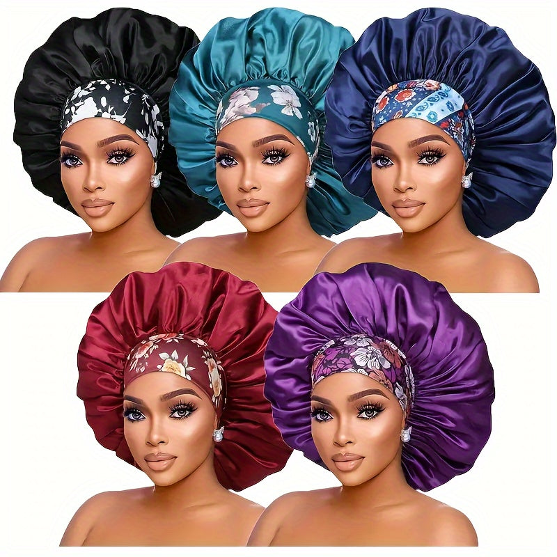 3pcs Satin Sleep Caps with Floral Print - Lightweight, Breathable Hair Protection for Long & Curly Hair, All-Season Comfort in Navy Blue, Teal Green, Black, Red, Purple, Pink & Golden